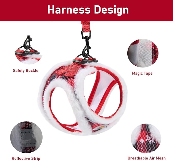 Hipubby Christmas Dog Harness and Leash Set, No Pull Soft Mesh Puppy Harness for Small Medium Dogs, Cats - Step in Reflective Vest Harness for Walking, Training - Plush Red, L
