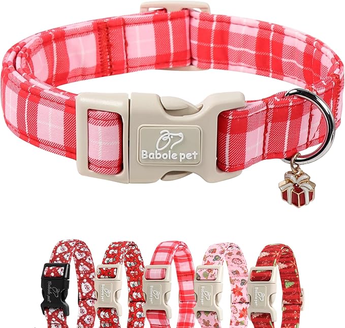 Plaid Dog Collar - Cute Red and Pink Plaid Puppy Collar with Safety Buckle, Soft Adjustable Holiday Dog Collars for Small Medium Large Dogs L