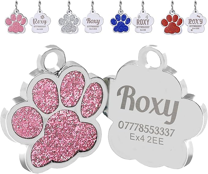 EDSG Cat Dog Tags Personalized for Pets, Dog Name Tags Cat Name ID Tag, Engraved Dog Tags Dog ID Tags Small Glitter Bling ID Tag Paw Print for Cat Pet Dog Puppy(Pink,Design 1)