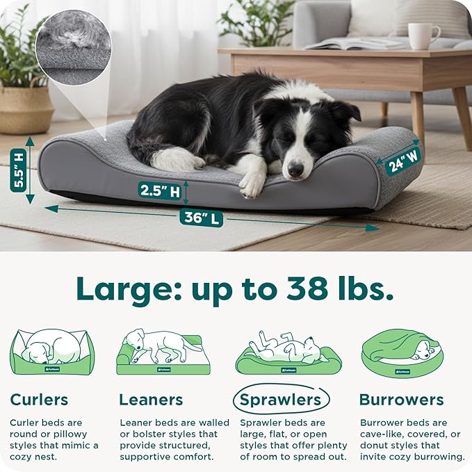 FurHaven Orthopedic Dog Bed for Large Dogs, Luxe Lounger Contour Mattress with Solid Orthopedic Foam Slab for Joint Support, Removable Washable Cover, Large, Plush Suede, Gray