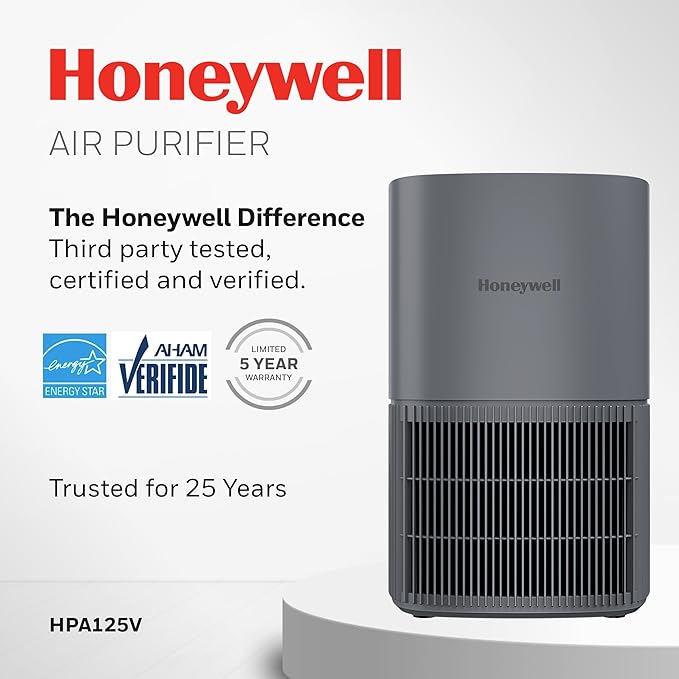 Honeywell Allergen Plus Compact HEPA Small Room Air Purifiers for Home, Up to 530 Ft² Coverage, 3-in-1 Filter, Pet Dander, Smoke & Odor Reducer Air Quality Sensor with Auto Mode, Grey, HPA125V