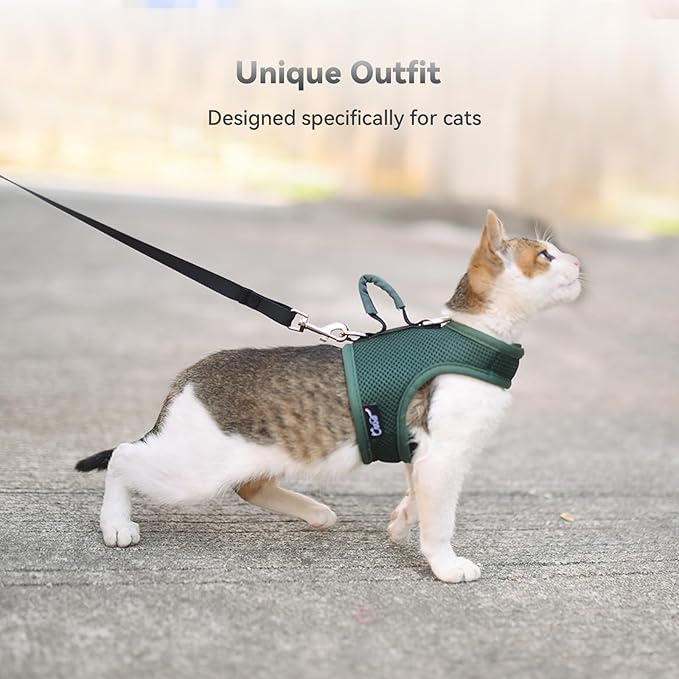 Cat Harness and Leash for Walking Escape Proof Breathable Mesh Fabric, Solid Green, XX-Large, Adjustable Cat Walking Jackets with Handle, Padded Stylish Cat Vest