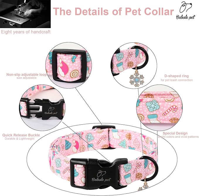 Christmas Dog Collar for Medium Dogs - Cute Snowflake Print Pink Christmas Collars for Dogs, Soft Adjustable Winter Holiday Dog Collars with Quick Release Buckle M