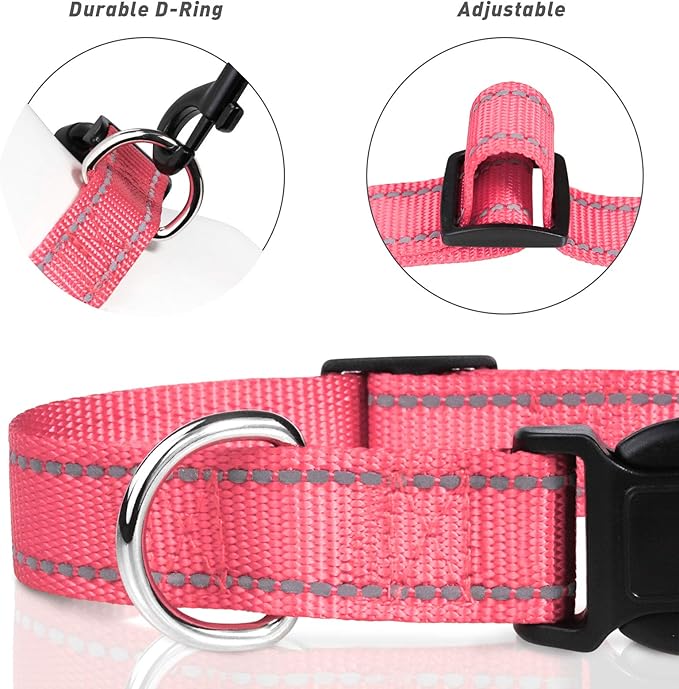 TagME Reflective Nylon Dog Collars, Adjustable Classic Pet Collar with Quick Release Buckle for Small Dogs, Baby Pink, 3/4" Width