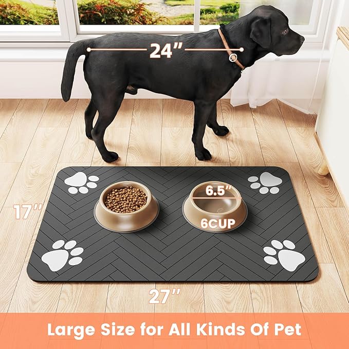 Pet Feeding Mat-Absorbent Pet Placemat for Food and Water Bowl, with Waterproof Rubber Backing, Quick Dry Water Dispenser Mat for Dog and Cat (27"x17", Black)