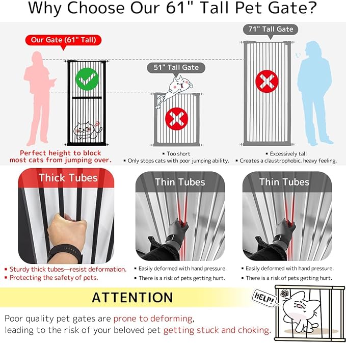 Lumizone Extra Tall Cat Gate 61.02" High Pressure Mounted Extra Wide 42.52"-46.64" (17Sizes) 1.37" Gap No Drilling Auto-Close Tall Pet Gate for Dogs (Black, 42.52"-46.64" W)