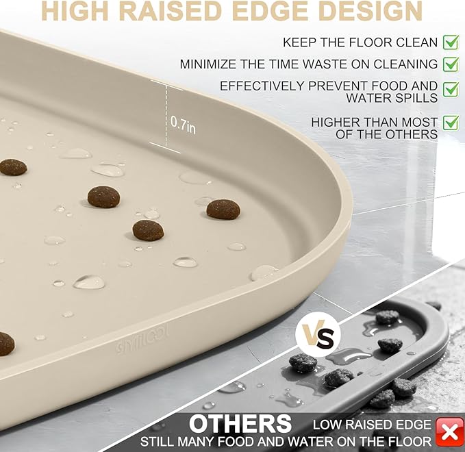 Silicone Pet Food Mat with Raised Edge for Food and Water Bowl, Dog Feeding Mats, Cat Food Trays for Floor Waterproof, Rubber Tray for Dogs and Cats, 19 x 12 x 0.7 Beige