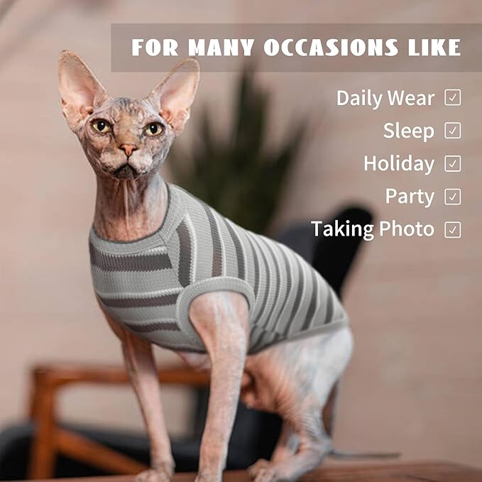 BRKURLEG Hairless Cats T Shirt, Cat Sweaters, Pullover Kitten Shirts, Sleeveless Round Collar Cotton Vest for Cornish Rex Devon Rex Peterbald and Small Dogs Sweater(Grey Stripes, XL)
