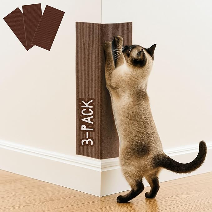 Cat Scratch Mat (3 Pack), 23.6’’ x 11.8’’ Cat Wall Corner Scratcher, Versatile Self-Adhesive Replacement Easy Use for Cat Trees Wall Furniture, Scratching Posts, and Couch Protection (Brown)
