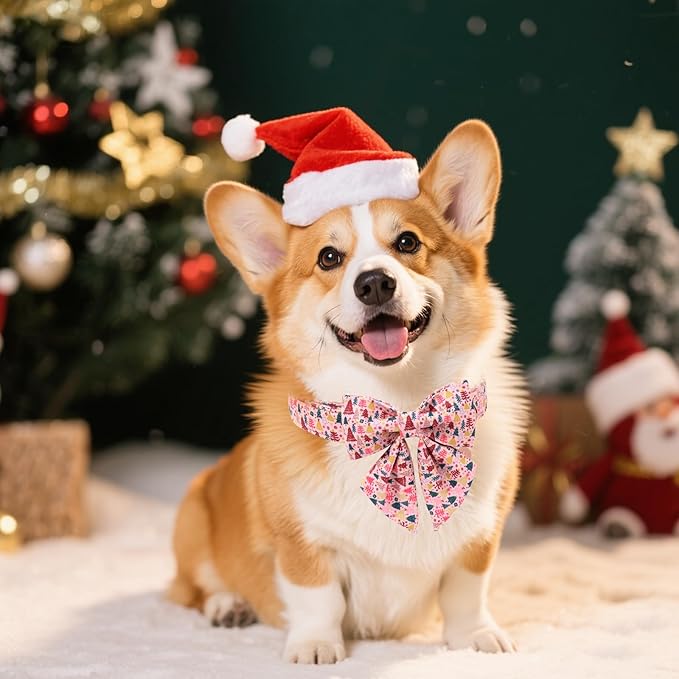 Christmas Dog Collar with Bow Tie, Pink Christmas Tree Collars for Dogs, Adjustable Pet Collar with Cute Xmas Tree Pendant, Winter Dog Accessories for Small Medium Large Dogs XS
