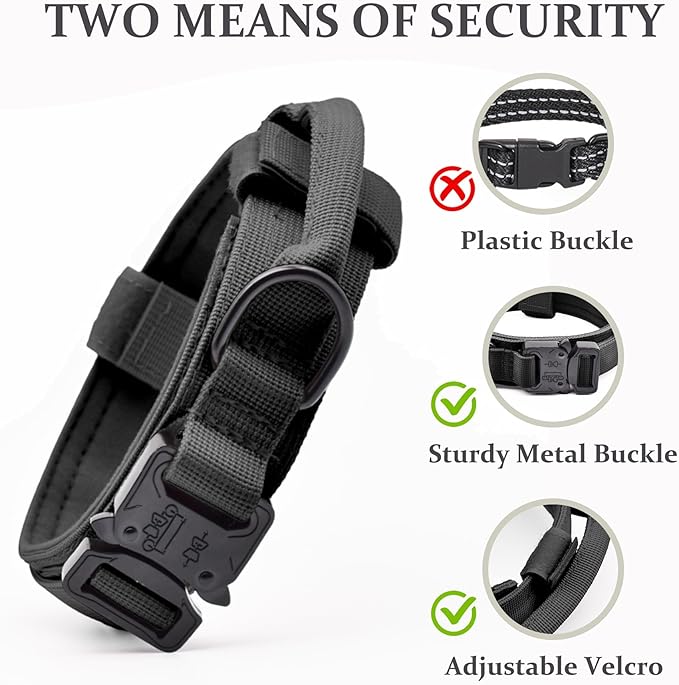Tactical Dog Collar Set, Adjustable Military Training Nylon Dog Collar with Control Handle and Heavy Quick-Release Metal Buckle for Small Medium Large Dogs, Black Set XXL
