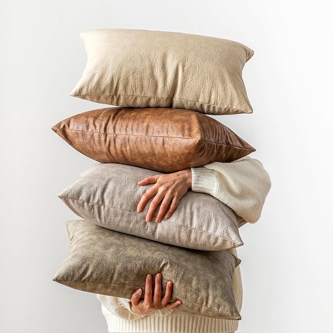 Oversized Vintage Decorative Pillow Covers, Pack of 2 Soft Rustic Abrasion Leather Throw Pillow Covers, for Home Decor Outdoor Waterproof Pet Hair Resistant Cushion Cover 26x26 inch Beige