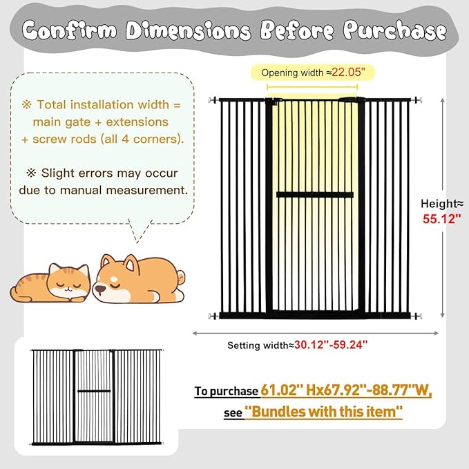 Lumizone Extra Tall Cat Gate 61.02" High Pressure Mounted Extra Wide 38.39"-59.24" (17Sizes) 1.37" Gap No Drilling Auto-Close Tall Pet Gate for Dogs (Black, 30.12"-59.24" W)