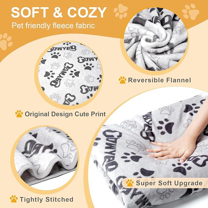 Large Dog Blanket, Soft Fleece Dog Blankets for Medium Dogs, 60X50 inches Fluffy Flannel Pet Cat Puppy Blanket Mat Cover for Bed Couch,Cute Flannel Bones and paw Print, Grey