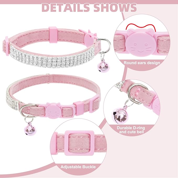 EXPAWLORER Soft Velvet Safe Cat Collars for Girl Cats - Rhinestones Bling Diamante Adjustable Collars Breakaway- Chirstmas Cat Clollar Gifts with Bells for Boy Cats Kitty and Small Dogs