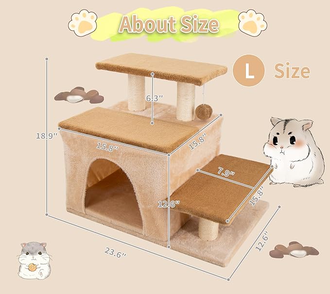 3-in-1 Pet Stairs for Cats for High Bed, Adjustable Dog Steps, Modular 3-Tier, Cushioned Steps & Big Cat Condo, Adjustable Entrance, Dangling Ball, for Kittens, Senior & Fat Cats (Beige, Large)