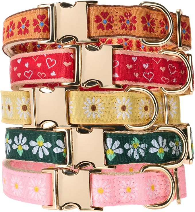 Woven Dog Collar with Metal Buckle Adjustable Jacquard Retro Dog Collars for Small Medium Large Dogs(Red Heart,M)