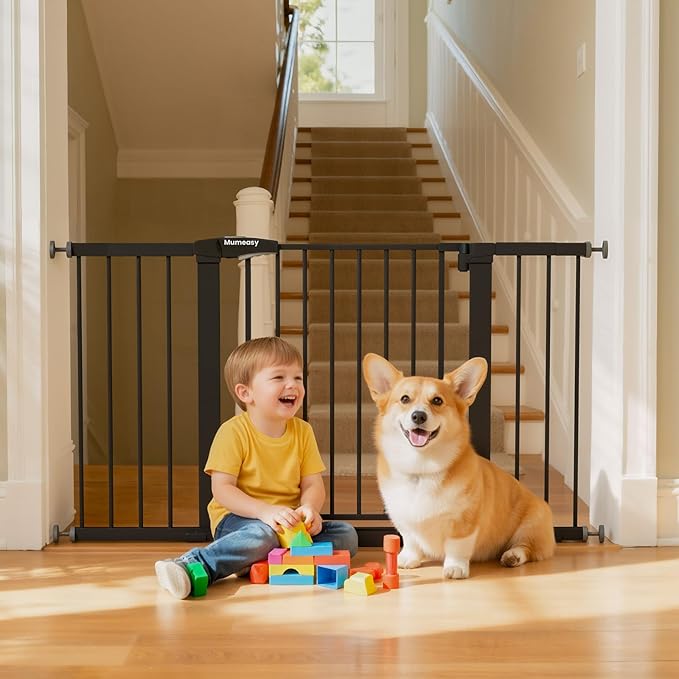 Mumeasy 29.7–51 Inch Extra Wide Baby Gate for Stairs, Extra Long Indoor Dog Gate for Doorways, Pressure Mounted Walk Thru Child Gate with Auto-Close, No-Drill Safety Pet Gate with Door for House,Black