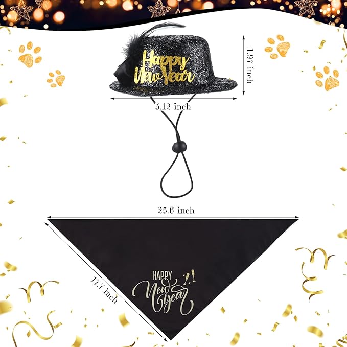 Suhine 3 Pcs Pet Happy New Year Costume Dog New Years Outfit Accessories Includes Puppy Dogs Tutu Dress Pet Hat and Dog Triangle Bandana for Medium Large Pets Costume Supplies