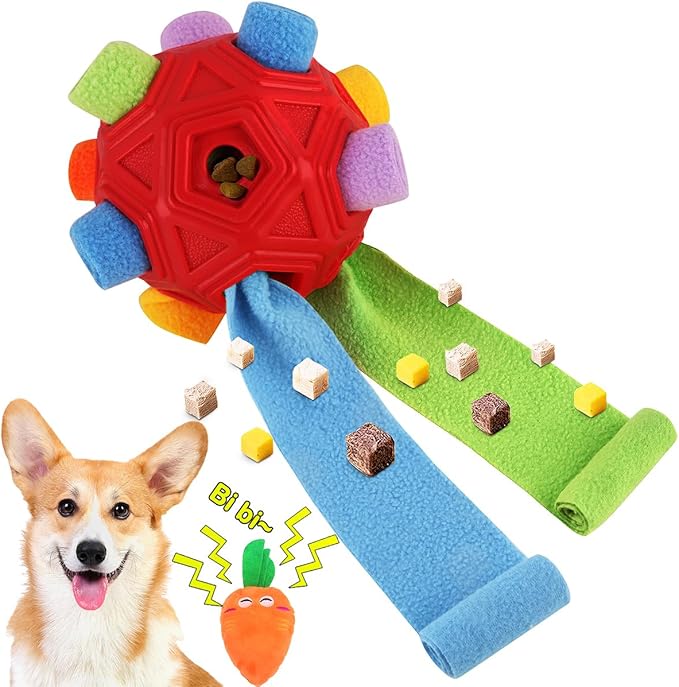 Dog Snuffle Ball-Interactive Puzzle Dog Toys Encourage Natural Foraging Skills Slow Feeder for Training and Stress Relief, Cloth Strip Hiding Food Chew Toys for Any Size Dogs, Machine Washable (Red)
