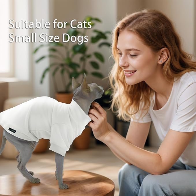 Fleece Sphynx Cat Clothes Soft Hairless Cat Clothes Pullover Cat Sweater for Chihuahua All Season Light and Warm Kitten Cloth for Cats Only Puppy Clothes Small Dog Sweater (White, Small)