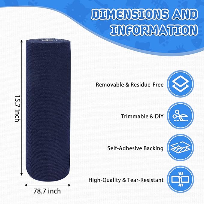 Climbing Cat Scratcher Mat Trimmable Cat Scratching Post Carpet 78.7’’x15.8’’ Self Adhesive Carpet Mat Pad Replacement for Cat Tree Shelves Post Couch Wall Furniture Steps DIY Protector (Dark Blue)