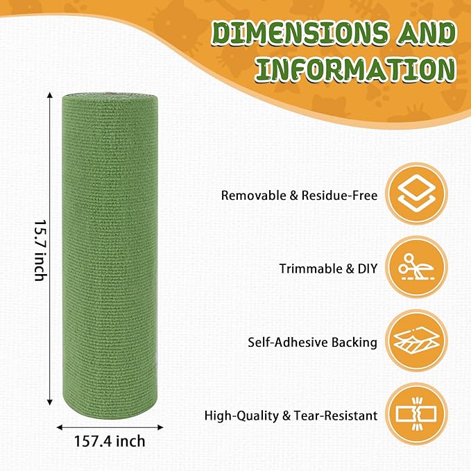 Climbing Cat Scratcher Mat Trimmable Cat Scratching Post Carpet 157.4’’x15.8’’ Self Adhesive Carpet Mat Pad Replacement for Cat Tree Shelves Post Couch Wall Furniture Steps DIY Protector (Green)