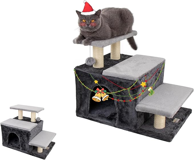 3-in-1 Pet Stairs for Cats for High Bed, Adjustable Dog Steps, Modular 3-Tier, Cushioned Steps & Big Cat Condo, Adjustable Entrance, Dangling Ball, for Kittens, Senior & Fat Cats (Grey, Large)