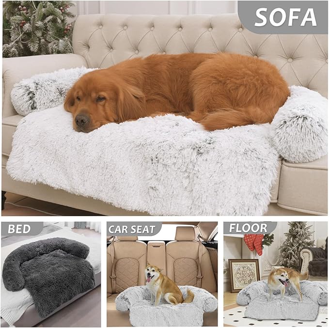 Calming Dogs/Cats Bed Mats, Dog Pad Washable Removable Couch Cover, Plush Long Fur Mat for Pets, Waterproof Lining, Perfect for Small, Medium and Large Dogs and Cats (Light Gray, 36"x31")