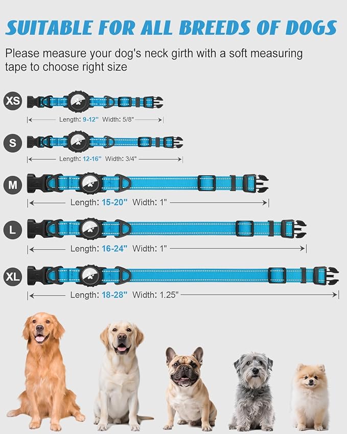 Joytale Airtag Dog Collar, Waterproof Dual D-Rings, Reflective Pet Collar with AirTag Holder, Soft Padded Adjustable for Medium Dogs, SkyBlue, M