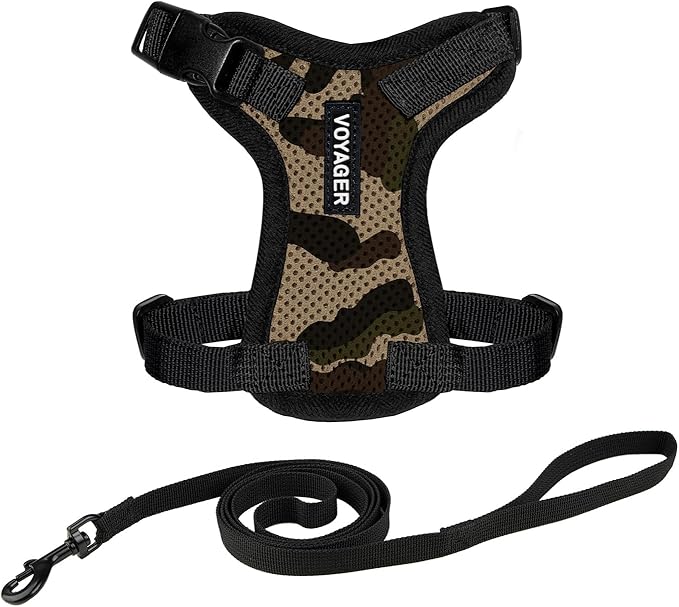 Voyager Escape-Proof Step-in Lock Cat Harness & 5ft Neoprene-Handle Leash Set All-Weather Mesh with Reflective Stitching for Small to Large Cats by Best Pet Supplies, Army/Black Trim, XXXS