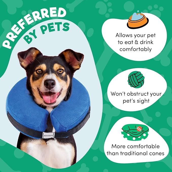 BENCMATE Inflatable Dog Cone Collar Alternative, Soft Dog Cone for Small Medium Large Dogs and Cats, Neck Recovery ECollar Donut Collar After Surgery (Medium, Blue)
