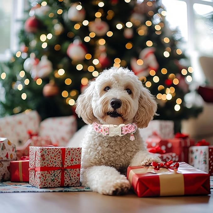 Christmas Dog Collar - Cute Pink Cozy Christmas Puppy Collar with Safety Buckle, Soft Adjustable Holiday Dog Collars for Small Medium Large Dogs S