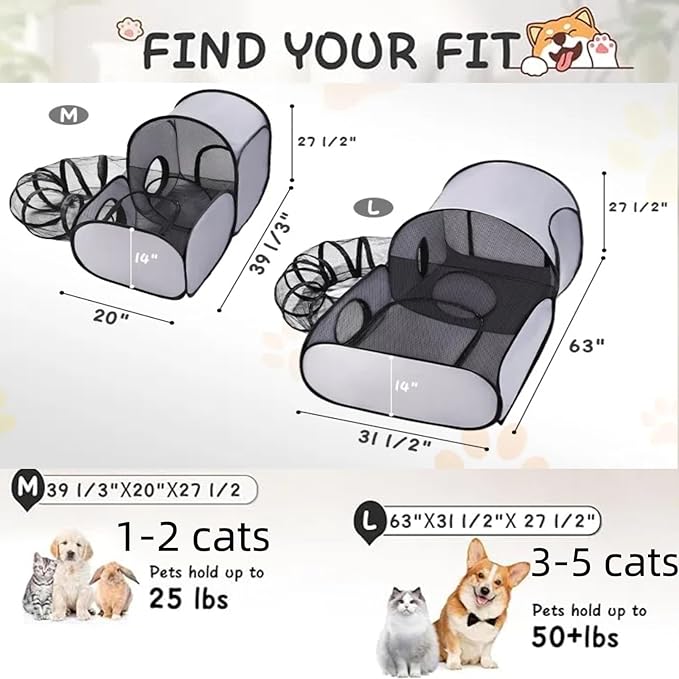 Pet Playpen with Surround Tunnel, Outdoor/Indoor Cat Playpen with Breathable Soft Sides，Tailtastic Cat Enclosure Tent for Small Animals, Portable Tent with Carry Bag (Medium)