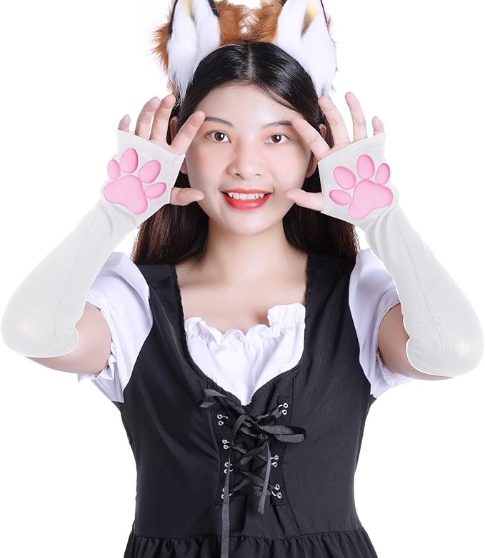 Nydotd Cat Paw Pad Mittens Gloves Kawaii Pink 3D Claw Fingerless Cute Cat Cosplay Gloves Sleeve for Girls Party