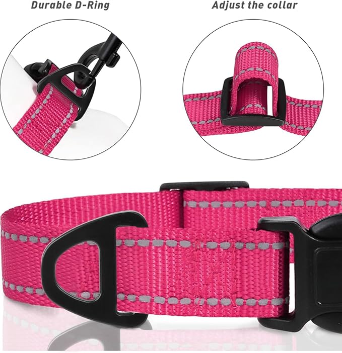 TagME Reflective Nylon Dog Collars, Adjustable Classic Pet Collar with Quick Release Buckle for Large Dogs, Hot Pink, 1.0" Width