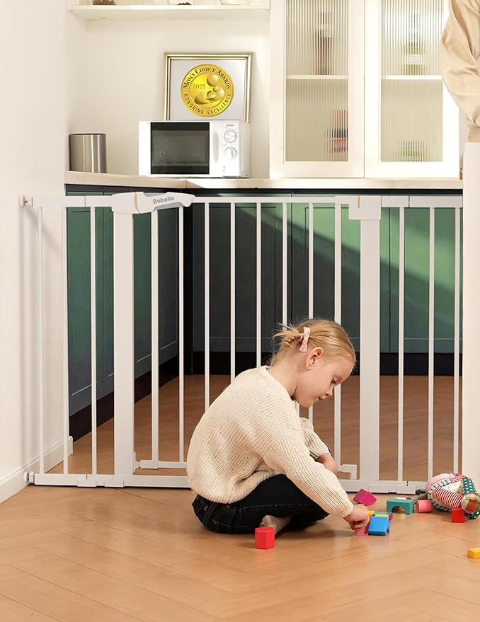 Babelio Metal Baby Gate, 29-43" Auto Close Easy Install Pet Gate PressGuard P7, Extra Wide Walk Thru Child Safety Gate, 30" Tall Pressure Mounted Dog Gate for Doorways & Stairs, White