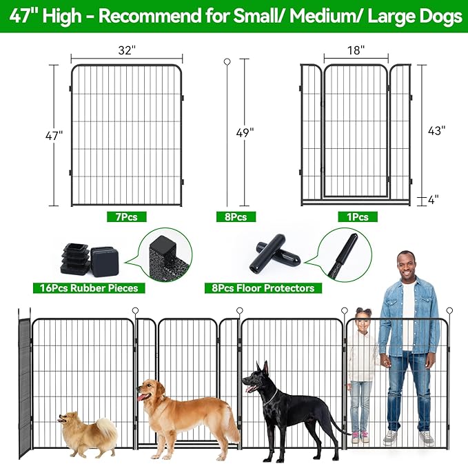 Dog Playpen Outdoor Extra Wide 8 Piece Panels Heavy Duty Dog Fence 47" Height Anti-Rust with Doors Portable for RV Camping Yard, Total 21FT, 35 Sq.ft, Snowy Black