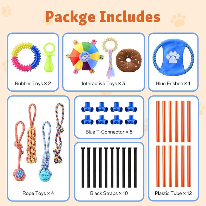 Puppy Play Gym for Small Dogs with 10 Hanging Squeaky Toys - Indoor Enrichment Activity Center with Climbing, Sliding & Interactive Toys, Jungle Gym for Puppy Play