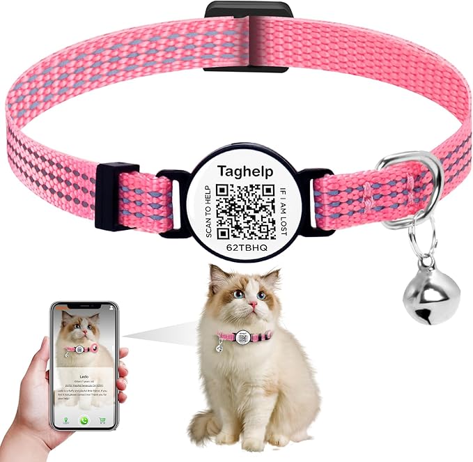 Reflective Cat Collar Personalized with Name ID Tag and Bell. QR Code Name Tag, Cat Smart ID Tag Breakaway.Ultra-Durable, Adjustable, Quick Release, Fits Most Cats (Pink)