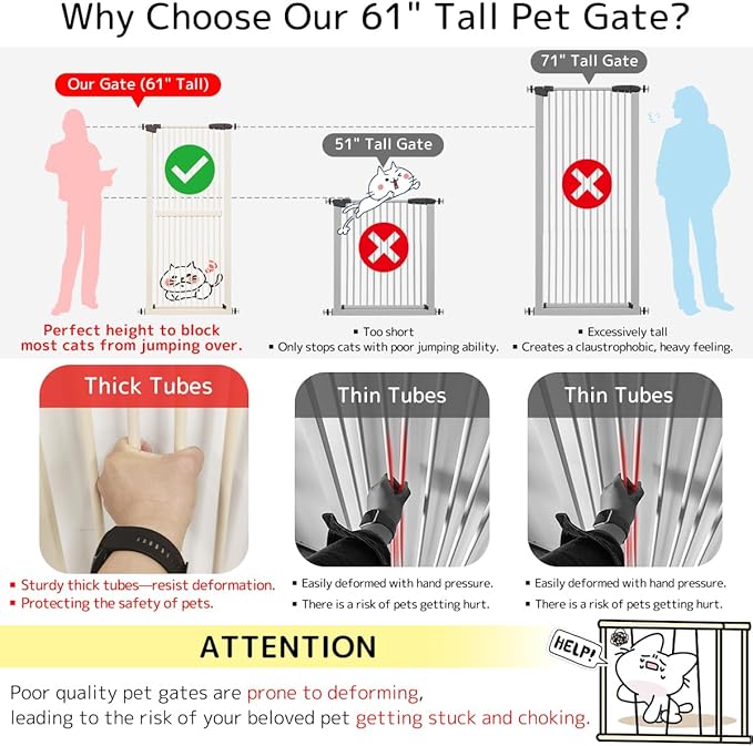 Lumizone Extra Tall Cat Gate 61.02" High Pressure Mounted Extra Wide 50.79"-55.11" (17Sizes) 1.37" Gap No Drilling Auto-Close Tall Pet Gate for Dogs (Cream, 50.79"-55.11" W)