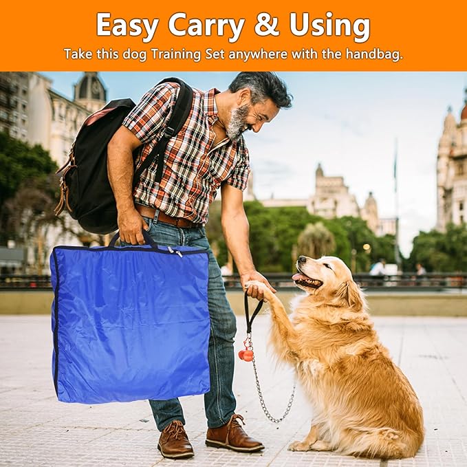 Premium Dog Agility Equipment Set Outdoor Indoor Game, Tire Jump + Hurdle Jump, Tunnel, Weave Poles, Pause Box, 2 Toy Balls, 2 Flying Discs, 1 Whistle, 1 Bag, Backyard Dog Training Obstacle Course Kit