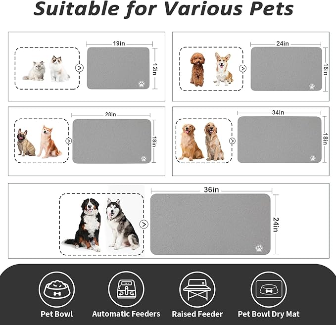 Dog Food Mat - Absorbent Cat Mat for Food and Water, No Stains Pet Feeding Bowl Mat, Easy to Clean Pet Placemats, Quick Dry Dog Water Dispenser Mat for Messy Drinkers | Paw Grey 24"x 36"