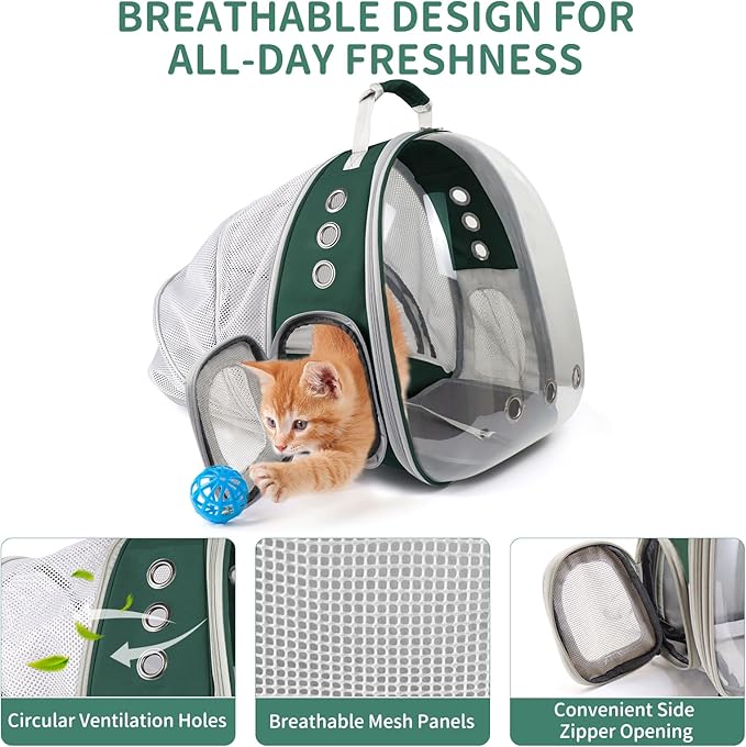 Cat Backpack Carrier, Back Expandable Pet Backpack with Bubble Window, Airline Approved Pet Travel Bag for Small/Medium Cats & Puppies, Hiking, Camping, Outdoor Use (Green)