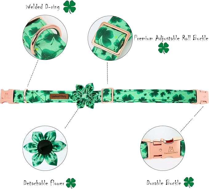 Lionheart Glory St. Patrick's Day Dog Collar, Dog Collar with Flower, Cute Floral Pattern Pet Collars Adjustable Pet Collars for Medium Dogs