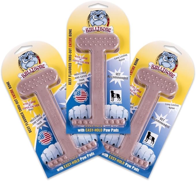 Bullibone Nylon Dog Chew Toy for Aggressive Chewers - Dental Hygiene Bone with Beef Flavor, Durable Tough Chew Toys for Extra Large Dogs, Indestructible Dog Bone - 3 Pack