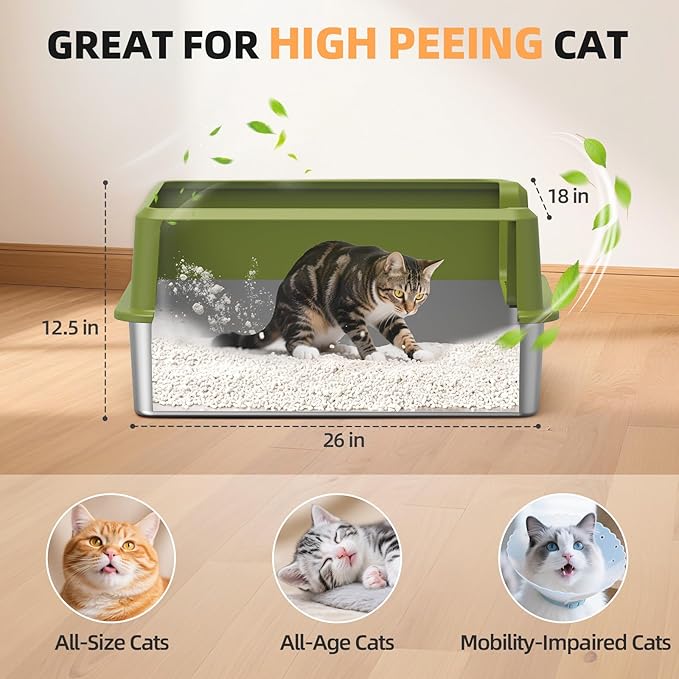 Enclosed Stainless Steel Cat Litter Box with Lid, XL Extra Large Litter Box for Big Cats, Metal Litter Pan High Sided, Never Absorbs Odors, Anti-Urine Leakage, Include Scoop (65-Green)