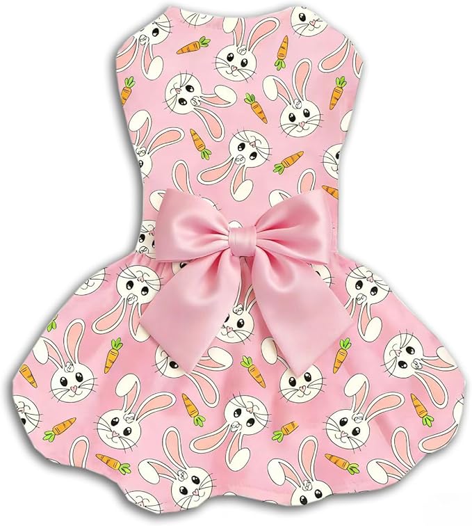Easter Dog Dress with Bunny & Carrot Print, Festive Holiday Pink Spring Pet Outfit with Satin Bow for Small Medium Dogs