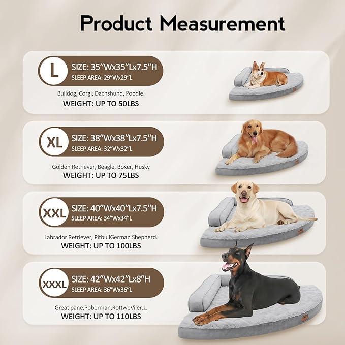 Large Orthopedic Dog Bed with Sides XXXL Dog Beds with Removable Washable Cover Non-Slip Waterproof Pet Bed for Extra Large Dogs - Grey XXXL