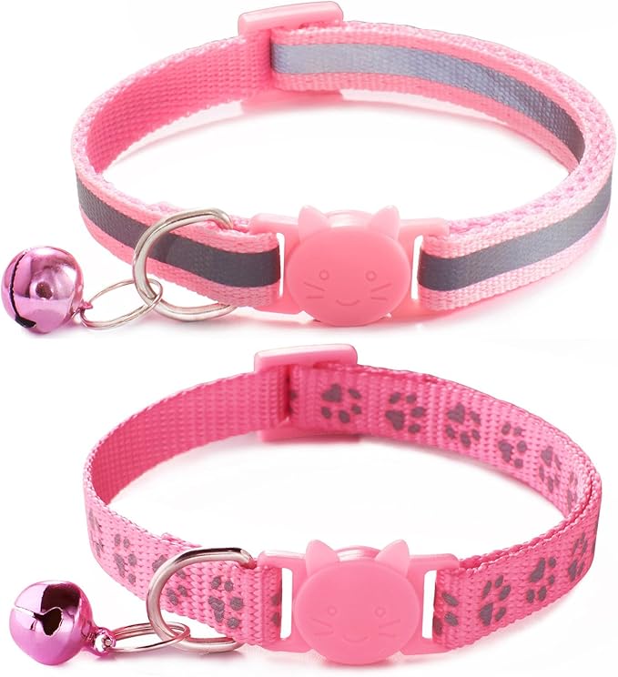 Pink Breakaway Cat Collar with Bells, [2 Pack] Break Away Kitten Collar with Bells, Reflective Cat Collar for Girl Cats Kitty